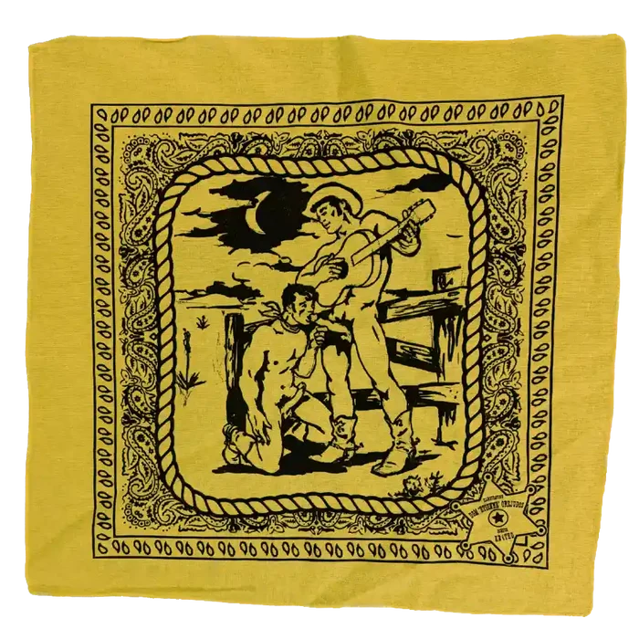 Yellow bandana with black graphic design of a man with a guitar and another man on his knees