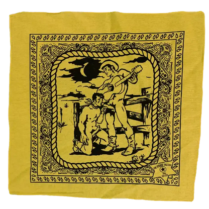 Yellow bandana with black graphic design of a man with a guitar and another man on his knees
