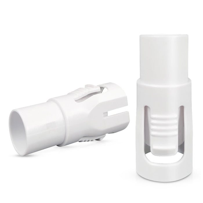Two white plastic connectors on a white background