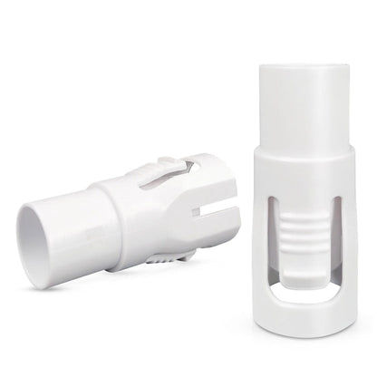 Two white plastic connectors on a white background