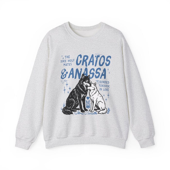 A vintage wash Comfort Colors crewneck sweatshirt from thtgrlreads featuring officially licensed Wolves of Ruin art of two wolves with blue graphic text, available from Printify in the Wolves of Ruin and Crewnecks collections.