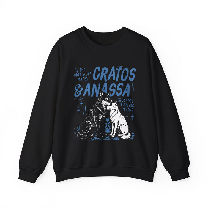 thtgrlreads Wolves of Ruin collection oversized crewneck sweatshirt by Printify featuring a vintage-style graphic of two wolves with text "Cratos & Anassa" on a soft, black Comfort Colors base.