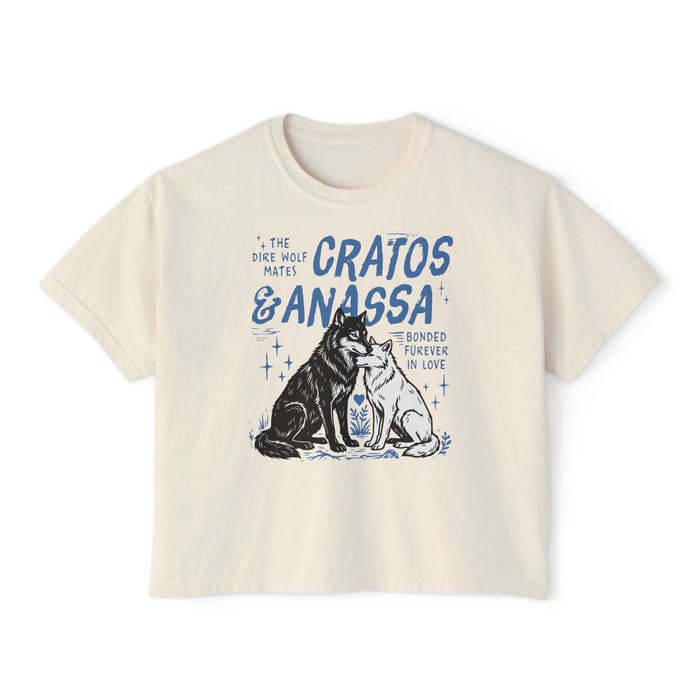 Thtgrlreads Wolves of Ruin collection cream comfort colors crop top featuring a vintage-style blue graphic of two wolves with "Cratos & Anassa" text, available via Printify.