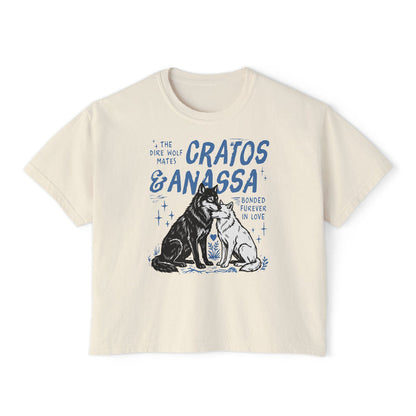 Thtgrlreads Wolves of Ruin collection cream comfort colors crop top featuring a vintage-style blue graphic of two wolves with "Cratos & Anassa" text, available via Printify.