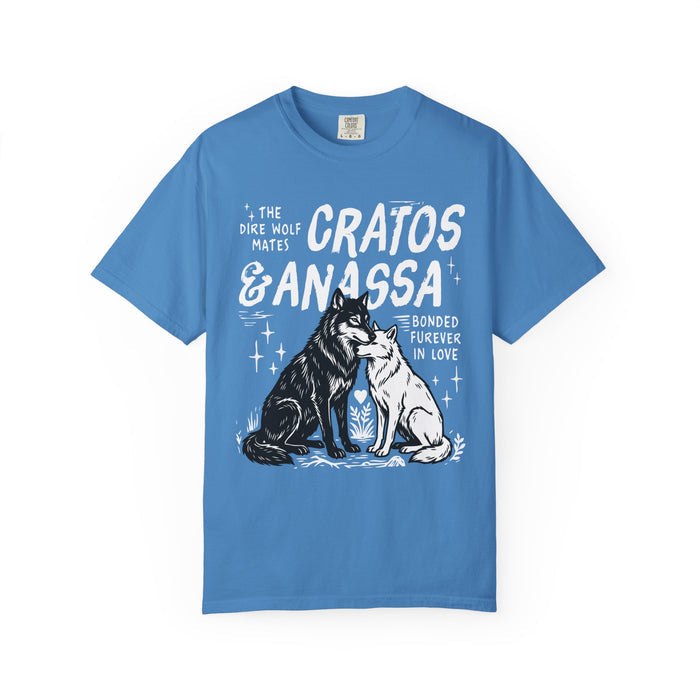 Comfort Colors graphic tee from thtgrlreads featuring a Wolves of Ruin design with Cratos and Anassa dire wolves in a vintage style print, available via Printify.