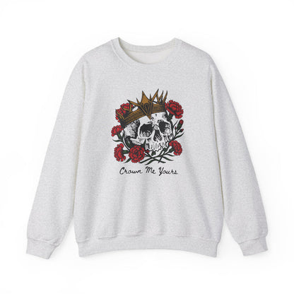 Thtgrlreads Liv Zander collection oversized crewneck sweatshirt featuring a vintage wash Comfort Colors base with a graphic of a crowned skull surrounded by red roses and "Crown Me Yours" text.