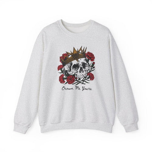 Thtgrlreads Liv Zander collection oversized crewneck sweatshirt featuring a vintage wash Comfort Colors base with a graphic of a crowned skull surrounded by red roses and "Crown Me Yours" text.