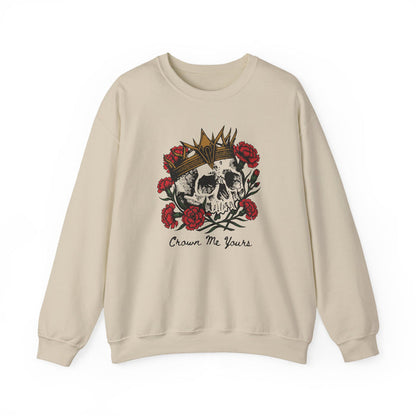 Thtgrlreads Liv Zander collection comfort colors oversized crewneck sweatshirt featuring a vintage style skull graphic with a crown and red roses, "Crown Me Yours" text.