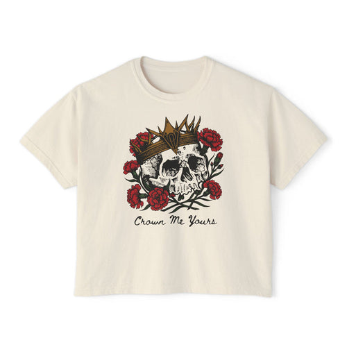 thtgrlreads Liv Zander collection cream-colored Comfort Colors crop top featuring a vintage-style graphic of a skull with a crown surrounded by red roses and the text "Crown Me Yours" in script font.