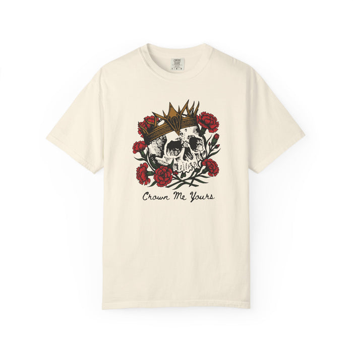 Thtgrlreads Liv Zander collection comfort colors graphic tee featuring vintage wash cream fabric with a detailed skull and crown design surrounded by red roses and "Crown Me Yours" text.