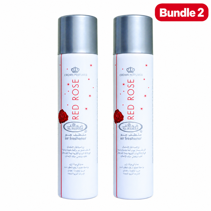 Crown Perfumes Al-Rehab Red Rose Air Freshener 300ml, UAE-made aromatic room spray with a delicate floral rose fragrance, designed to refresh living spaces and create an elegant, pleasant, and inviting atmosphere.