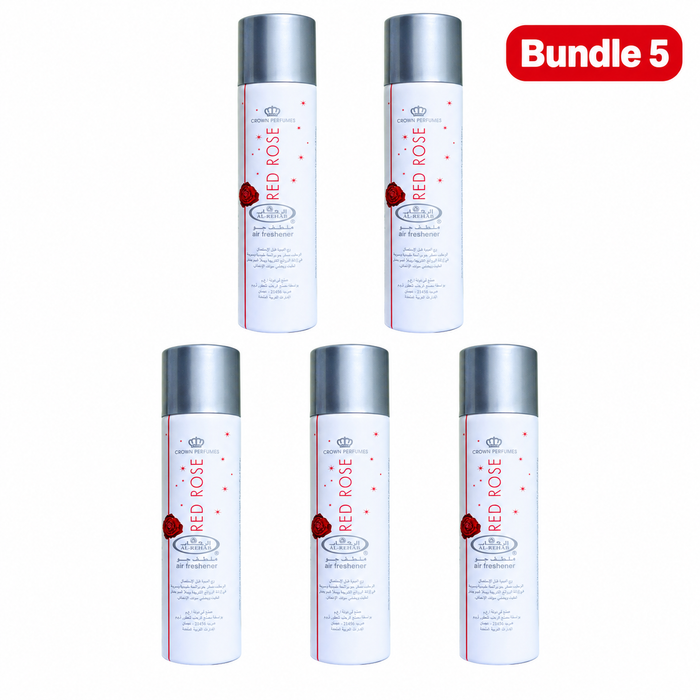 Crown Perfumes Al-Rehab Red Rose Air Freshener 300ml, UAE-made aromatic room spray with a delicate floral rose fragrance, designed to refresh living spaces and create an elegant, pleasant, and inviting atmosphere.