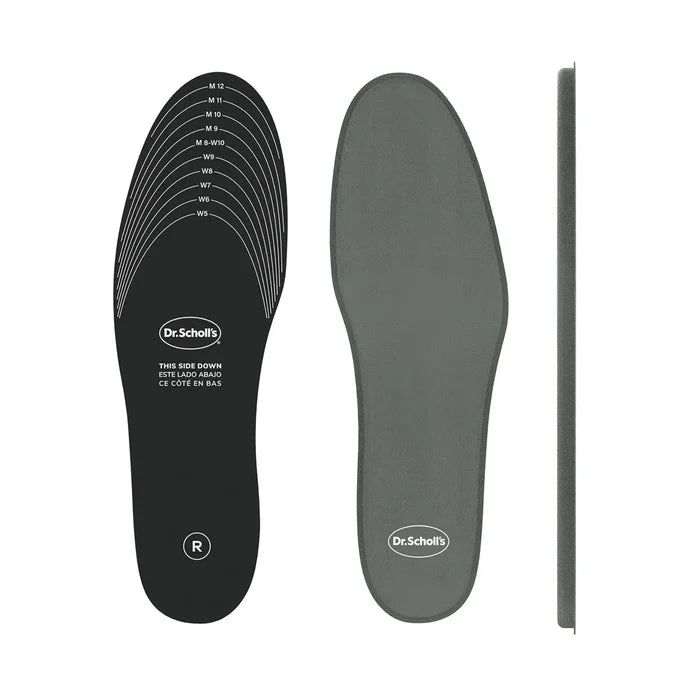 Gray memory foam insoles set with size markings and slim edge view