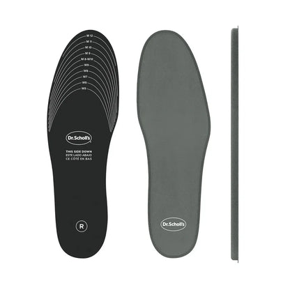 Gray memory foam insoles set with size markings and slim edge view