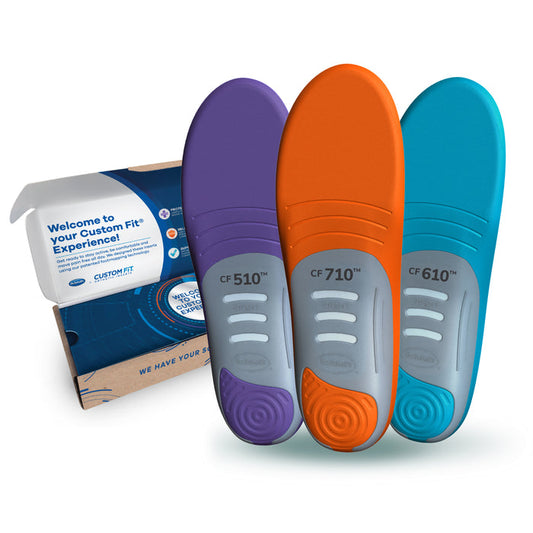 Full-length comfort insoles set: purple, orange, and blue with cushioned arch support.