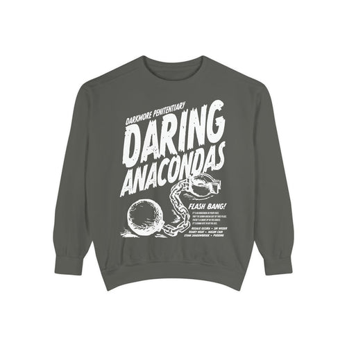 Darkmore Penitentiary-themed cozy oversized crewneck sweatshirt in muted gray with bold white vintage puff print graphic reading "Daring Anacondas" alongside handcuffs and ball-and-chain illustration, from thtgrlreads.