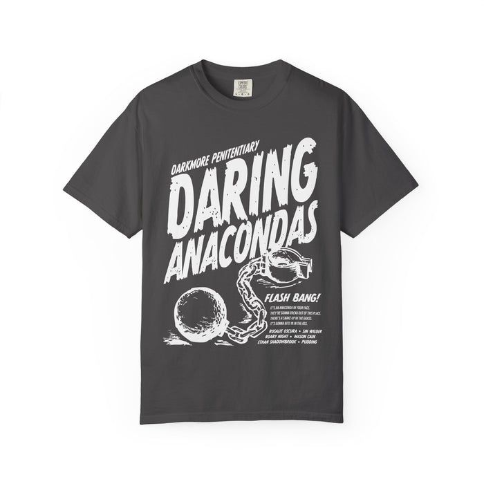 Darkmore Penitentiary themed dark gray Comfort Colors graphic tee by thtgrlreads featuring bold white vintage style "Daring Anacondas" text and a chained ball illustration from Tees and Darkmore Penitentiary collections.