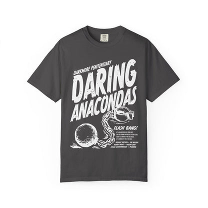 Darkmore Penitentiary themed dark gray Comfort Colors graphic tee by thtgrlreads featuring bold white vintage style "Daring Anacondas" text and a chained ball illustration from Tees and Darkmore Penitentiary collections.