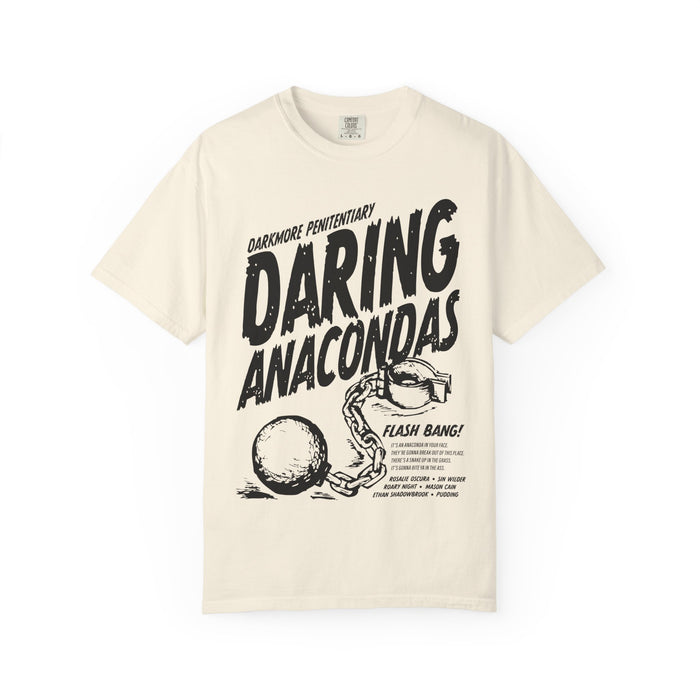 Off-white Comfort Colors graphic tee from thtgrlreads featuring a vintage-style black print with bold "Daring Anacondas" text and a ball and chain design, part of Darkmore Penitentiary and Tees collections.