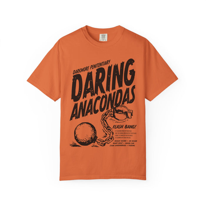 thtgrlreads Darkmore Penitentiary collection comfort colors graphic tee in vintage orange with bold black "Daring Anacondas" print and illustrated shackle detail from the Tees collection.
