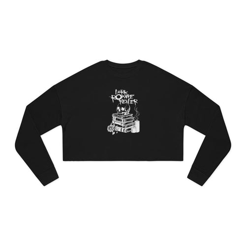 Thtgrlreads Off Brand and Crewnecks collection features a black vintage wash Comfort Colors cropped sweatshirt with a white graphic of stacked books, a steaming mug, and gothic text reading "Dark Romance Reader.