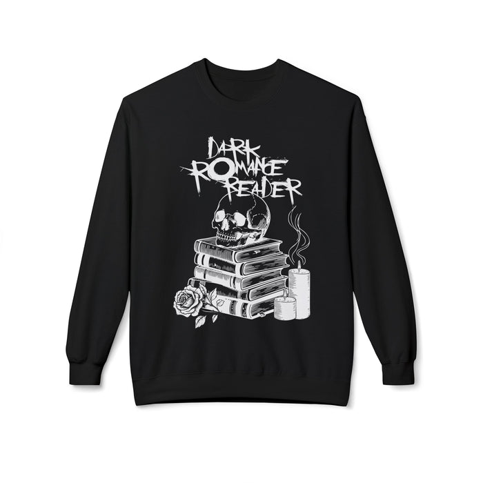 Thtgrlreads officially licensed cozy oversized crewneck sweatshirt from the Book Bestie and Off Brand collections featuring a vintage white graphic of a skull on stacked books, candles, and a rose with "Dark Romance Reader" text in a gothic style.