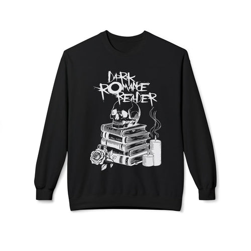 Thtgrlreads officially licensed cozy oversized crewneck sweatshirt from the Book Bestie and Off Brand collections featuring a vintage white graphic of a skull on stacked books, candles, and a rose with "Dark Romance Reader" text in a gothic style.