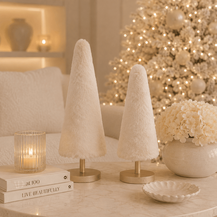 Decorative Faux Fur Cream Christmas Tree Ornament - Set of 2