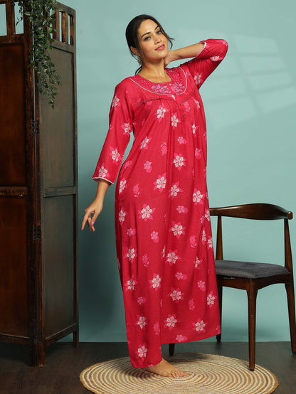 Elegant Pink Floral Maxi Nighty for Women