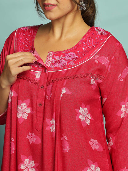 Elegant Pink Floral Maxi Nighty for Women