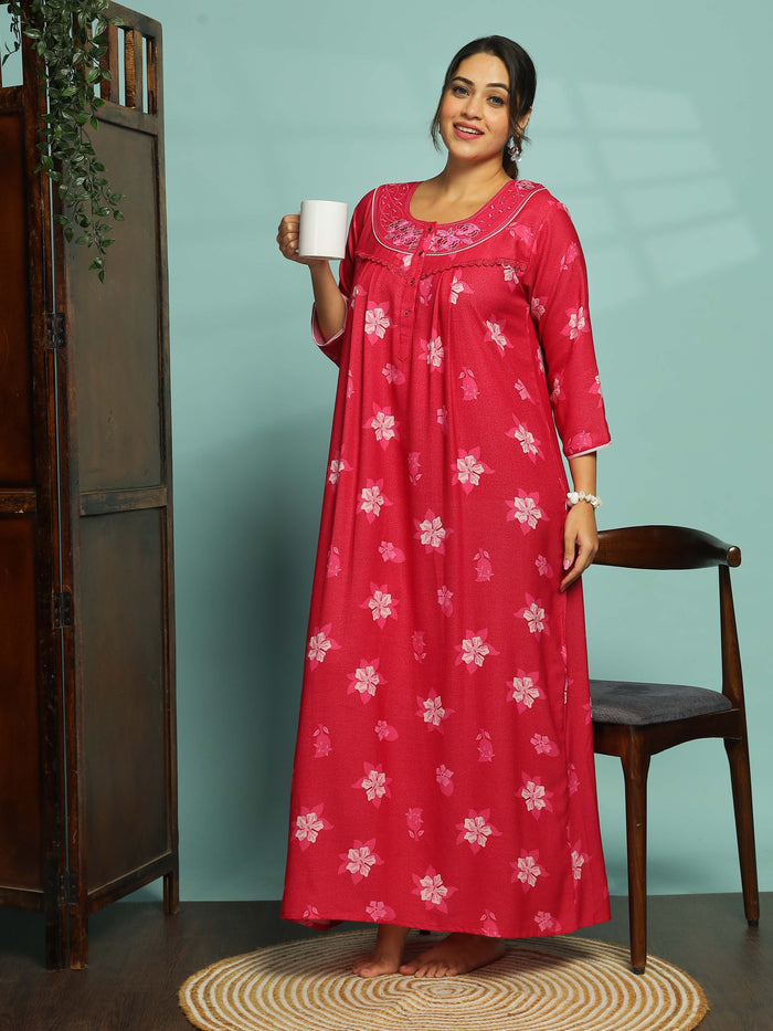 Elegant Pink Floral Maxi Nighty for Women