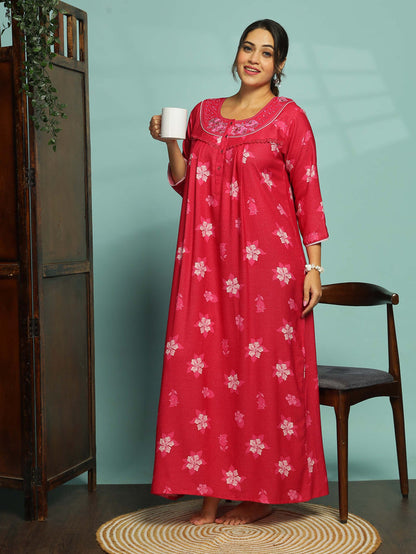 Elegant Pink Floral Maxi Nighty for Women