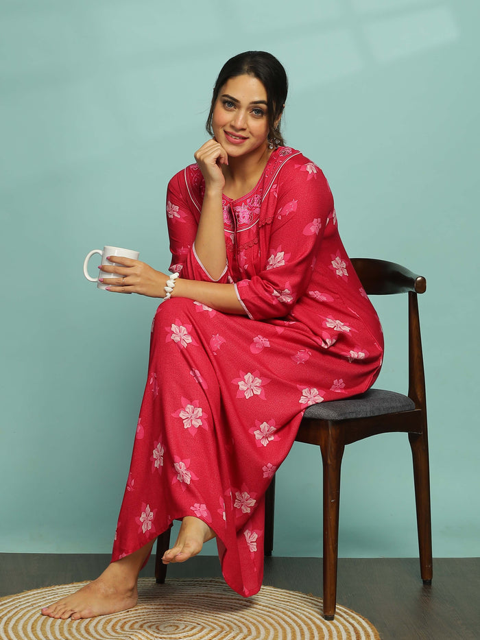 Elegant Pink Floral Maxi Nighty for Women