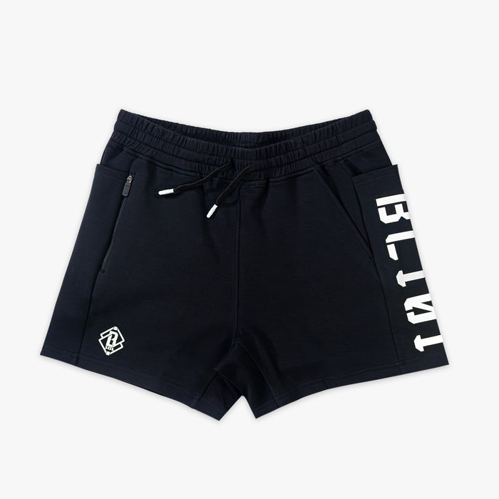 Black shorts with white BL101 text on a light gray background