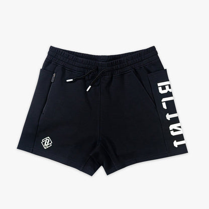 Black shorts with white BL101 text on a light gray background