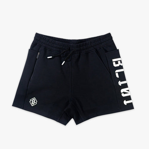 Black shorts with white BL101 text on a light gray background