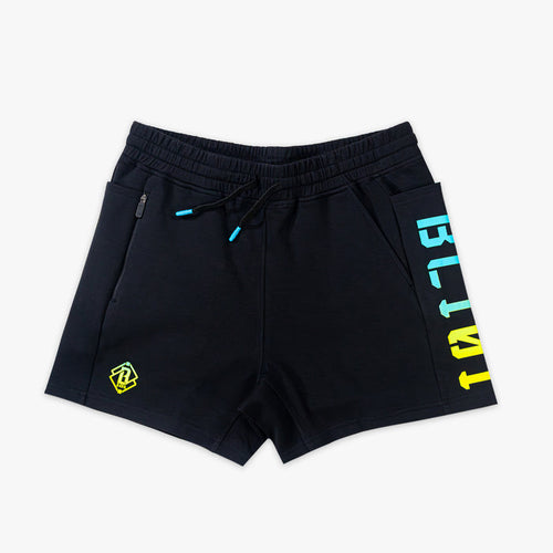 Black shorts with colorful BL101 text on a white background