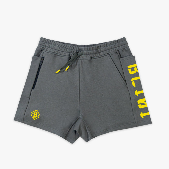 Gray shorts with yellow BL101 text on a white background