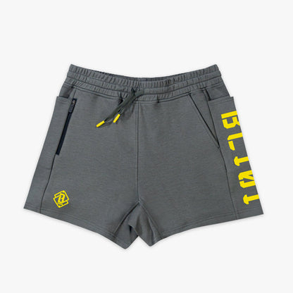 Gray shorts with yellow BL101 text on a white background