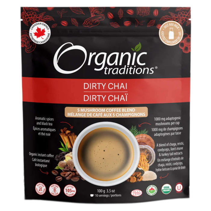 Organic Traditions Dirty Chai 5 Mushroom Coffee Blend 100g/3.5oz 10 Servings