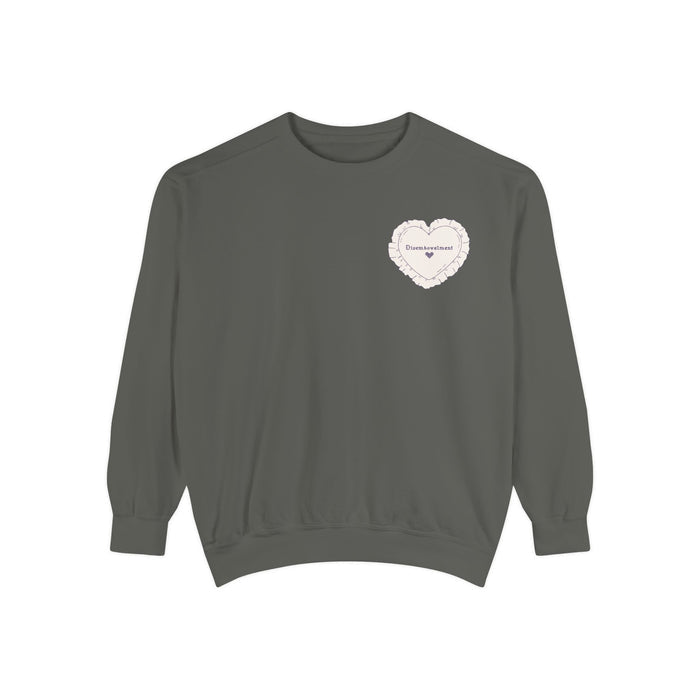 thtgrlreads officially licensed The Poison Daughter collection crewneck sweatshirt in vintage-washed Comfort Colors fabric, featuring a delicate heart graphic with scripted text on the chest.