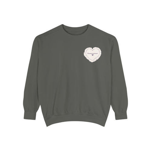thtgrlreads officially licensed The Poison Daughter collection crewneck sweatshirt in vintage-washed Comfort Colors fabric, featuring a delicate heart graphic with scripted text on the chest.