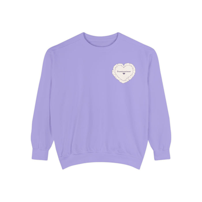 Thtgrlreads cozy Comfort Colors oversized crewneck in soft lavender from The Poison Daughter collection, featuring a delicate cream heart graphic with subtle text printing.