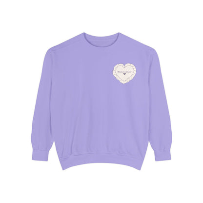 Thtgrlreads cozy Comfort Colors oversized crewneck in soft lavender from The Poison Daughter collection, featuring a delicate cream heart graphic with subtle text printing.