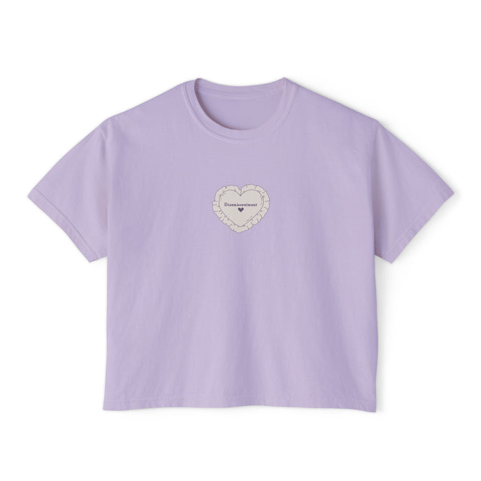 Thtgrlreads Poison Daughter collection lilac Comfort Colors cropped t-shirt featuring delicate embroidered heart patch with subtle gothic text, soft vintage wash fabric.