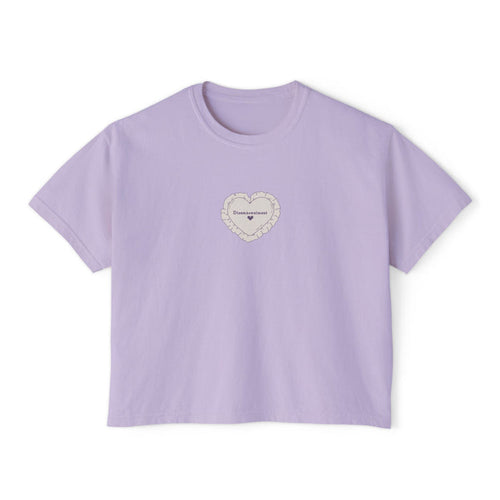 Thtgrlreads Poison Daughter collection lilac Comfort Colors cropped t-shirt featuring delicate embroidered heart patch with subtle gothic text, soft vintage wash fabric.