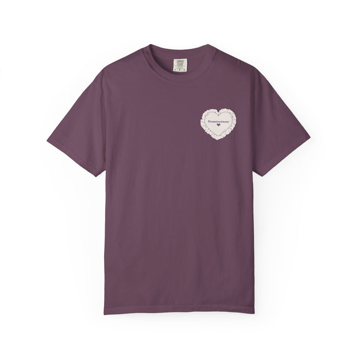 A vintage wash Comfort Colors graphic tee in muted purple from thtgrlreads, featuring an embroidered heart design with "Disembowelment" text, part of The Poison Daughter collection.