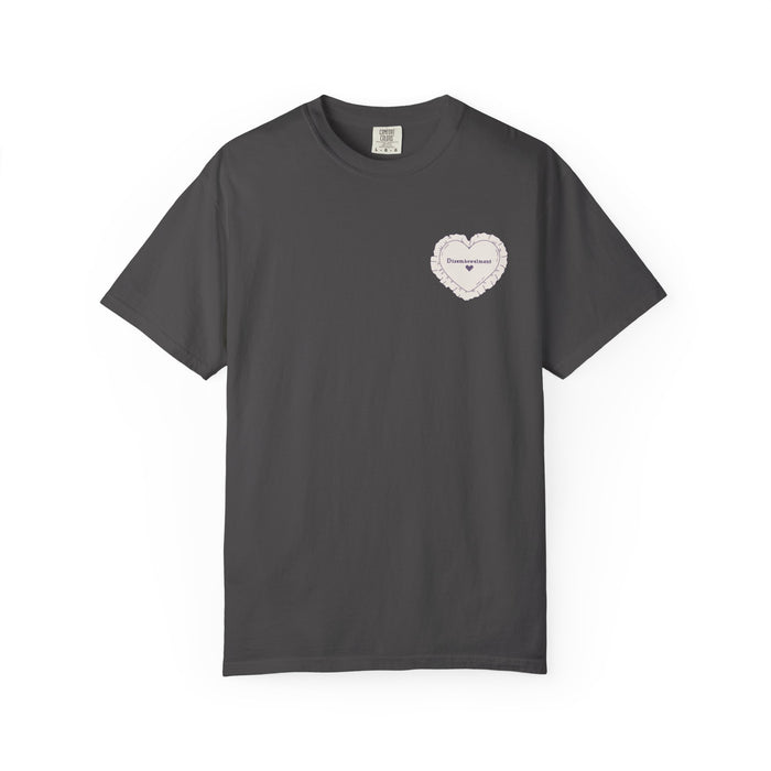 A vintage wash Comfort Colors charcoal graphic tee from thtgrlreads featuring an embroidered heart design with the word "Disembowelment," part of The Poison Daughter collection.
