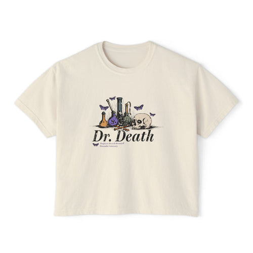 Nocticadia fan crop top by thtgrlreads featuring a vintage wash comfort colors fabric with a graphic of potion bottles, skull, and purple butterflies, part of the Tees collection.
