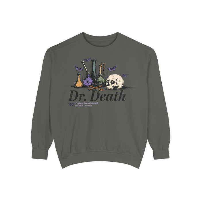 Nocticadia-themed oversized crewneck sweatshirt by thtgrlreads featuring a vintage wash and graphic print of alchemy flasks, a skull, and purple butterflies with "Dr. Death" text, part of the Crewnecks collection.